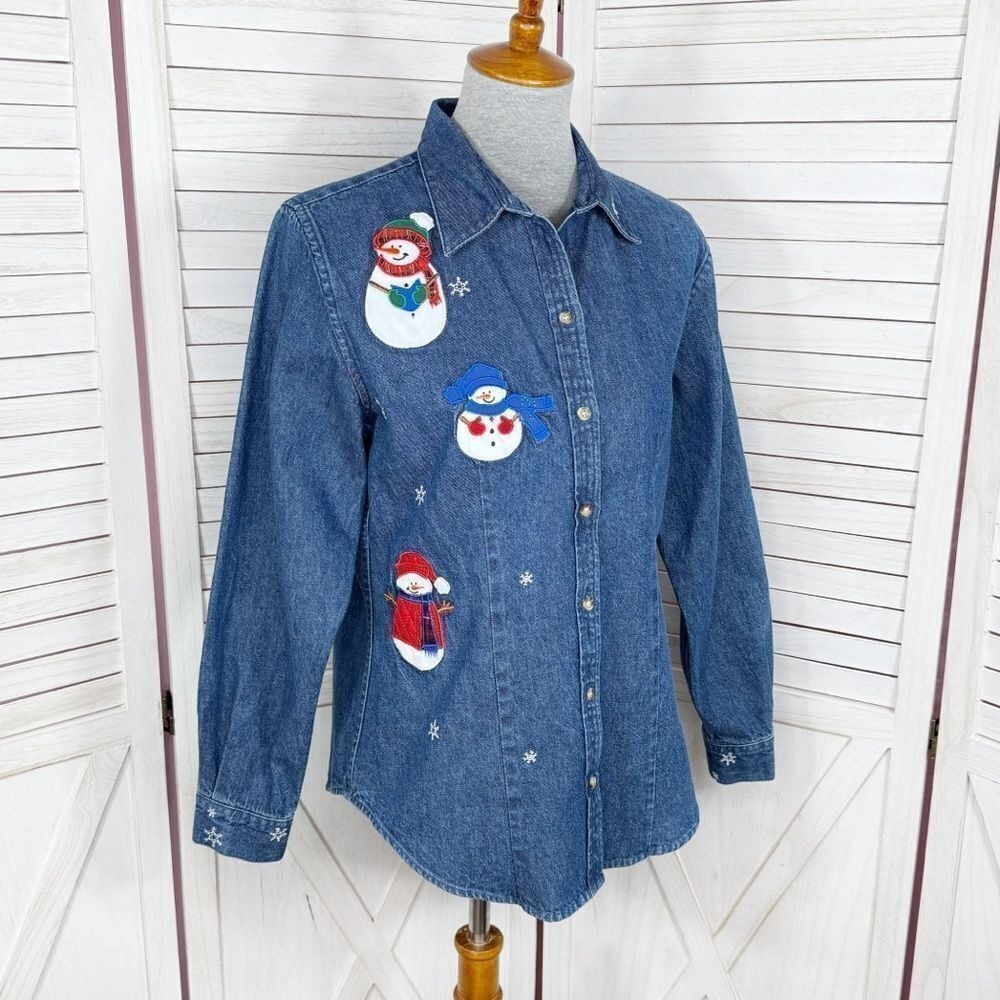Vntg Westbound Snowman Appliqué Embroidered Denim‎ Shirt Blue Medium Button Up